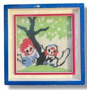 Vintage framed Raggedy Ann and Andy needle point